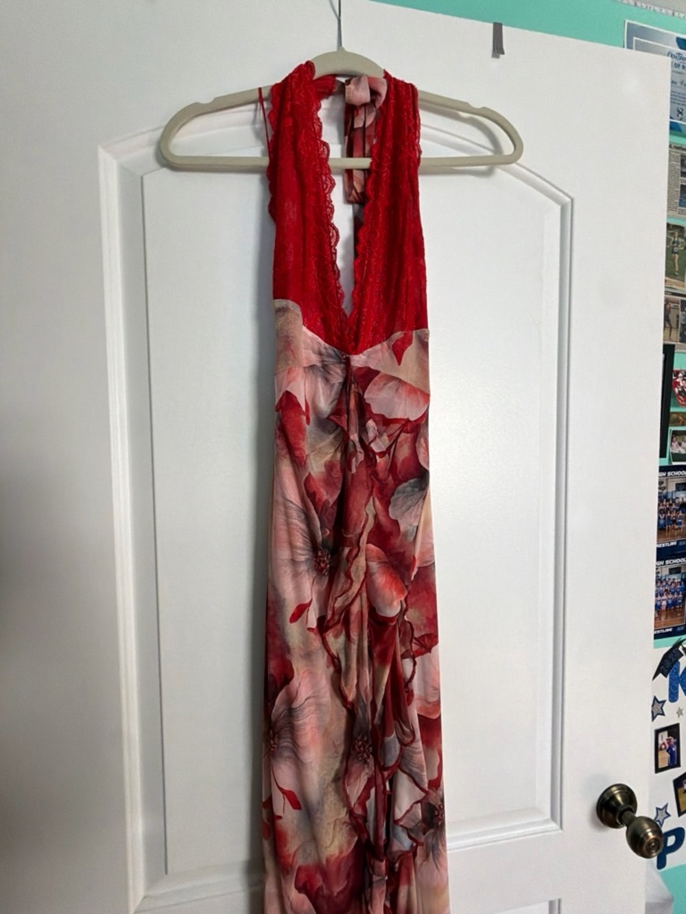 edge Red and Blush Floral Halter Dress